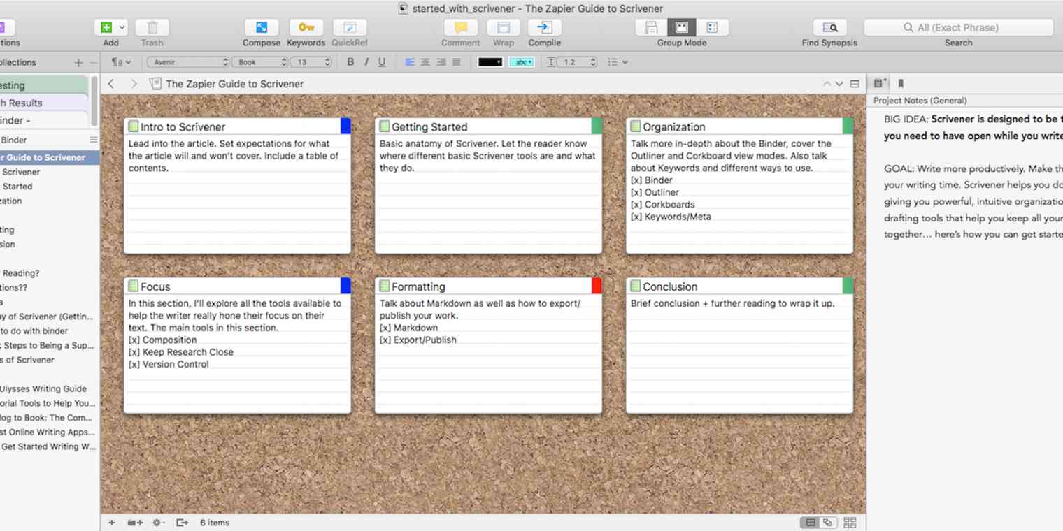 Thanks to Corkboard, you can organize your work in Scrivener before you even start writing