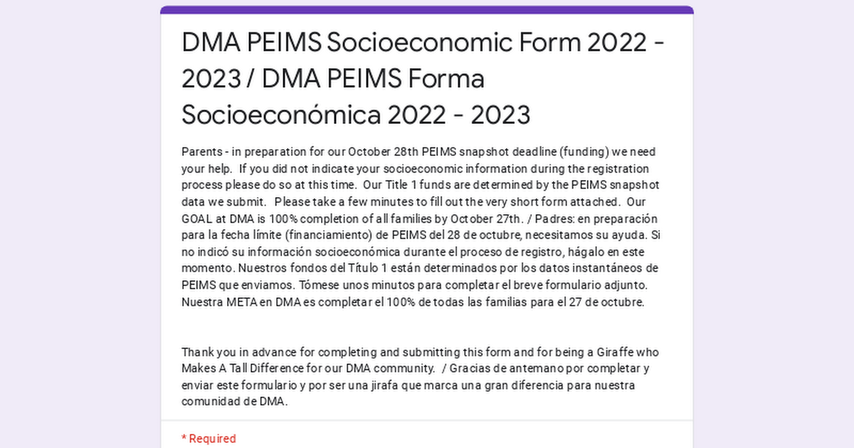 DMA PEIMS Socioeconomic Form 2022 - 2023 / DMA PEIMS Forma Socioeconómica 2022 - 2023