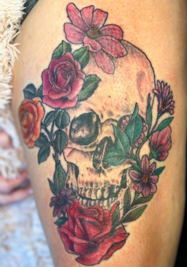 skull and flower tattoo for leg