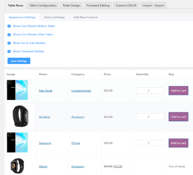 Create a product table for WooCommerce
