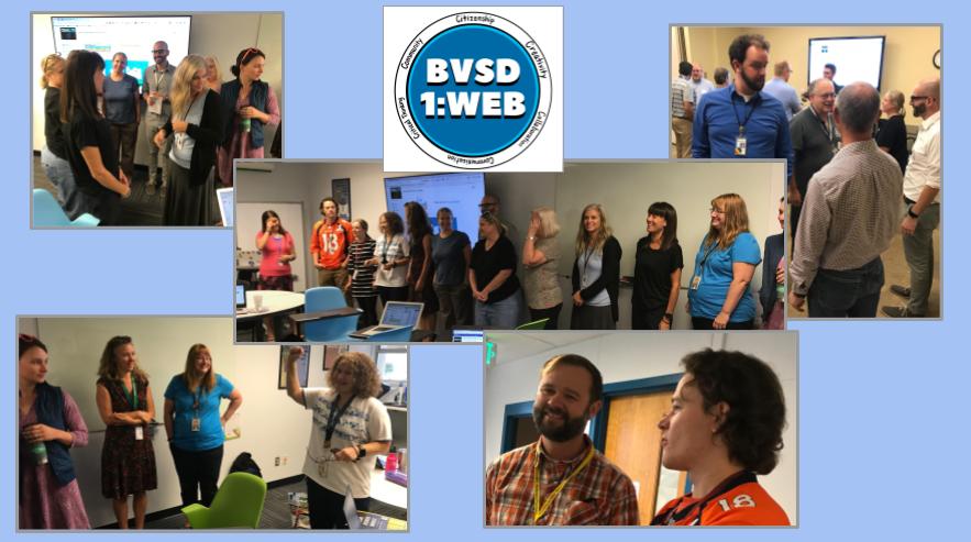 This is a picture collage of Boulder Valley School District teachers on special assignment working together. Each picture has a few people collaborating and team building.