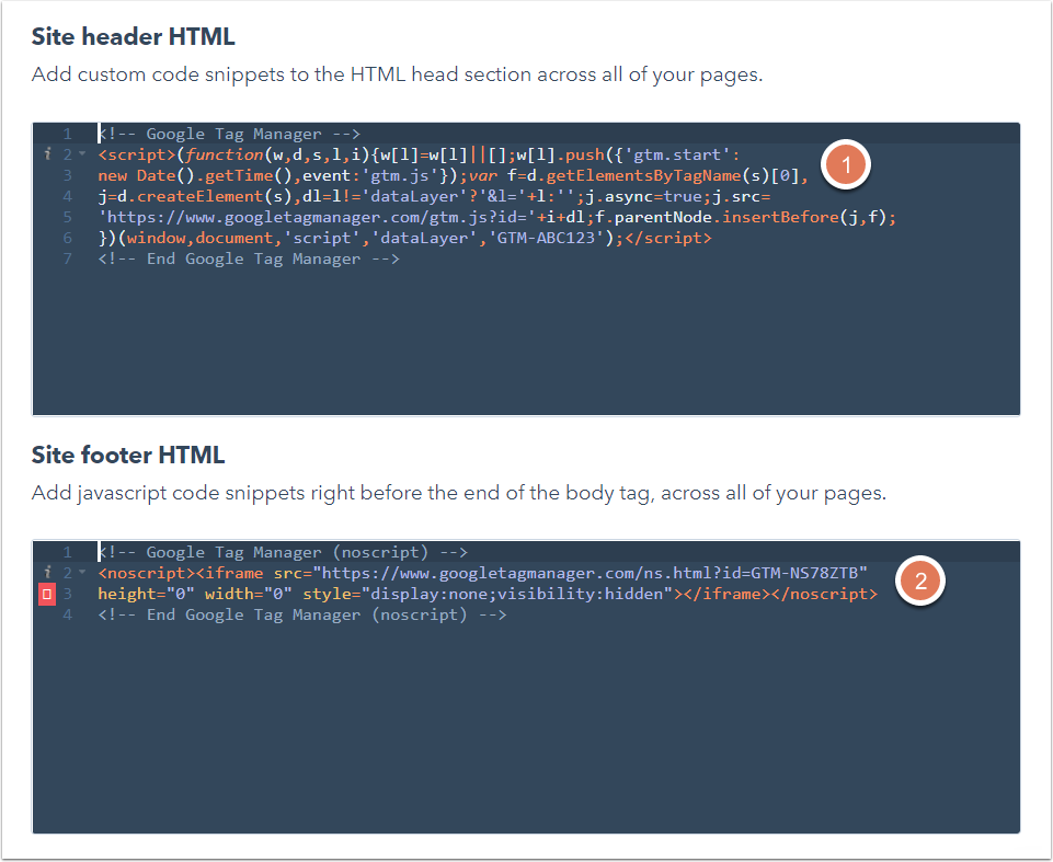 code fragment within the Site header & footer