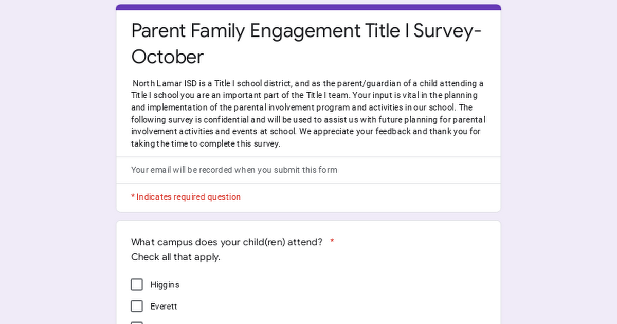 Parent Family Engagement Title I Survey