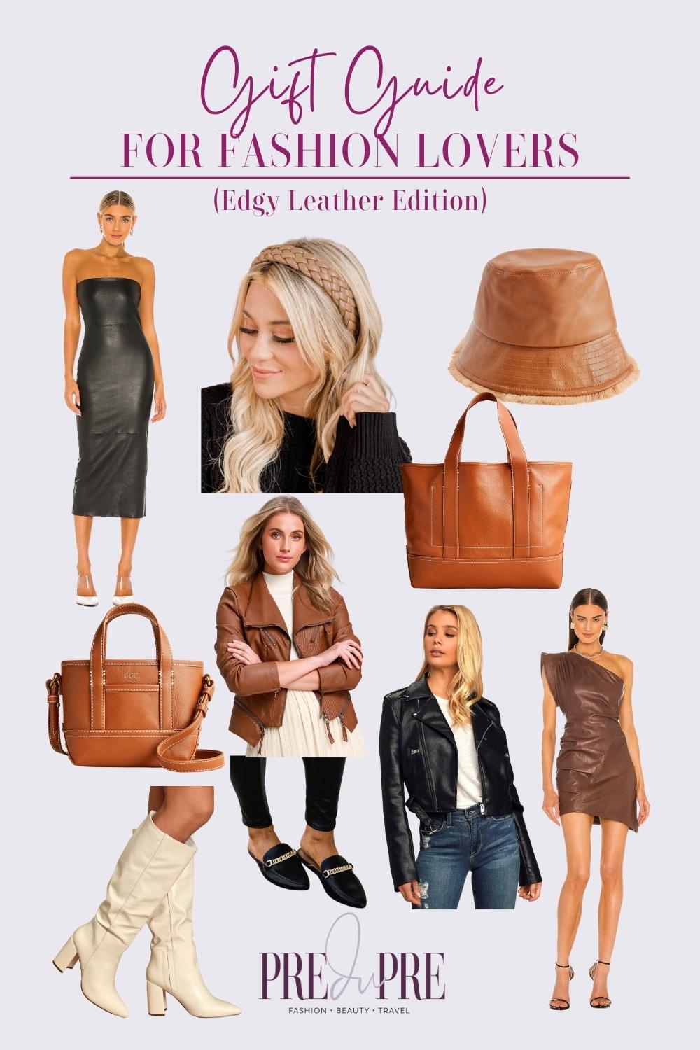 fashion gift guide for faux leather lovers includes bags, jackets, hats, and dresses