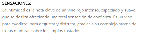 Captura de pantalla realizada en la tienda online de las Bodegas Ontañón donde se visualiza un apartado llamado "sensaciones" en la descripción del vino "Ontañón Reserva"