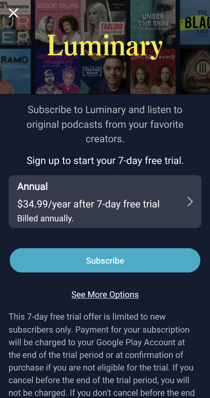 Screenshot of Luminary’s subscription-solicitation popup. 