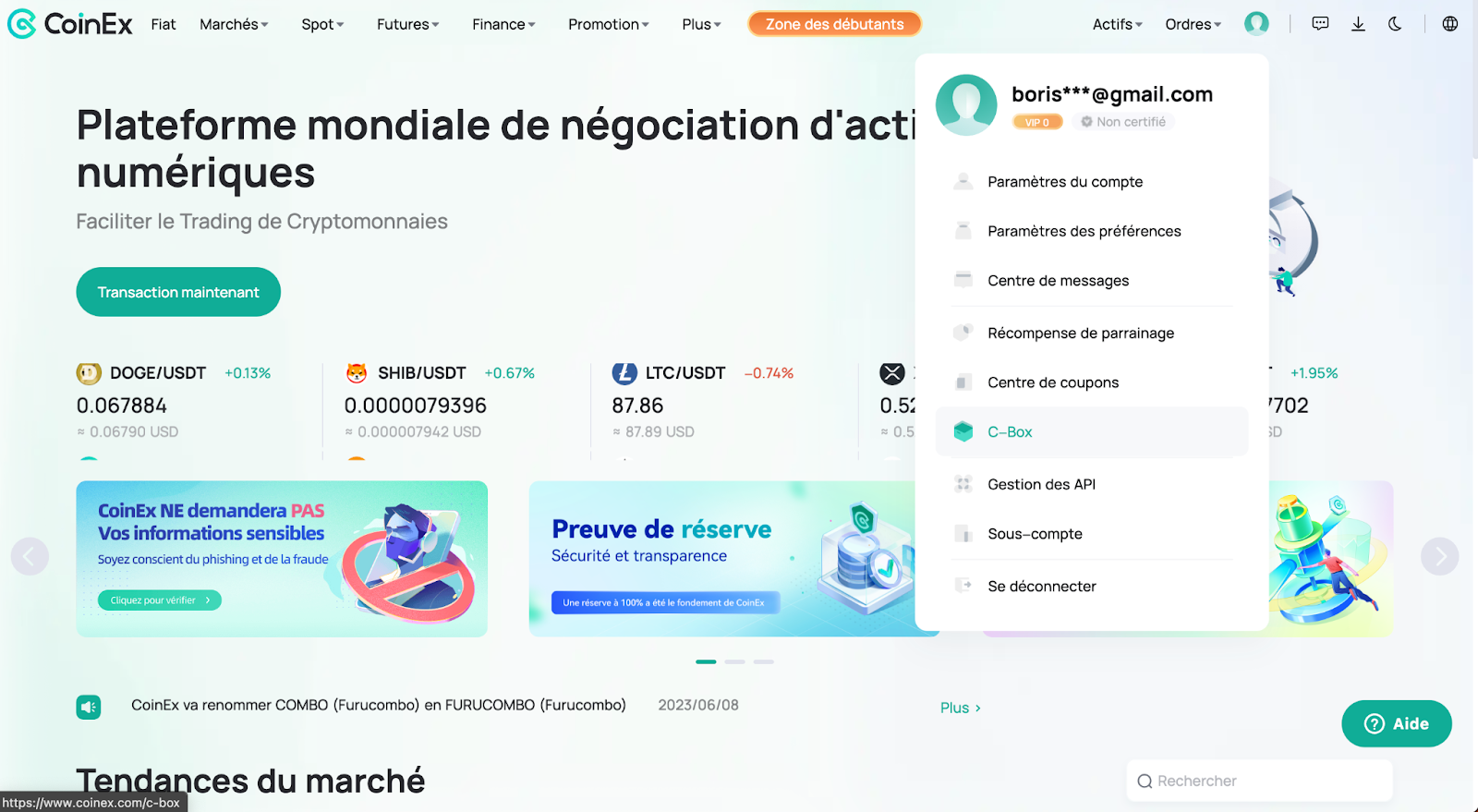 [C-Box] sous [Compte] sur le site CoinEx