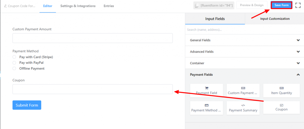 Fluent Forms add coupon field