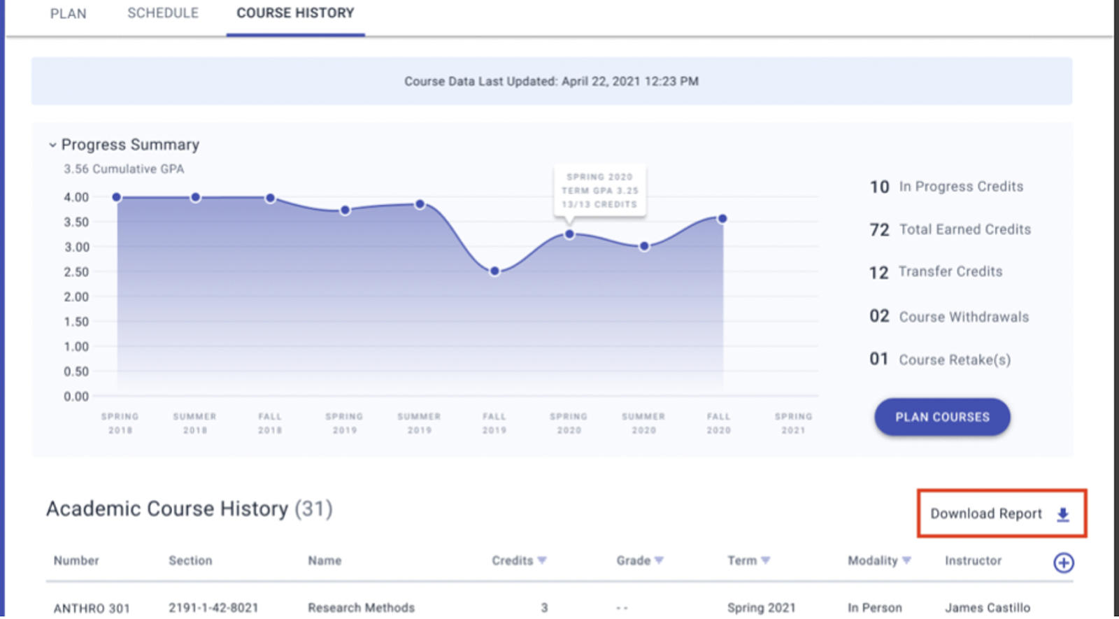 Course history chart and download report