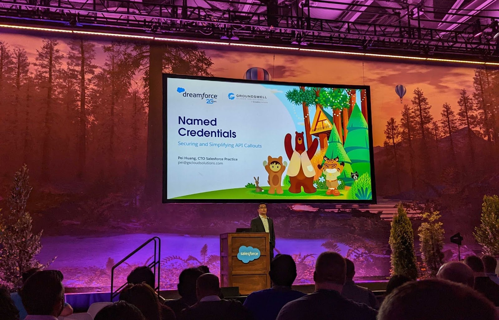Pei Huang presenting on Named Credentials: Securing and Simplifying API Callouts at Dreamforce 2022