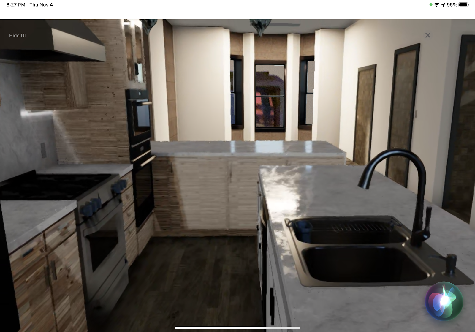 A highly detailed model of a kitchen is viewed using VR Virtual Camera mode in XR Remote.