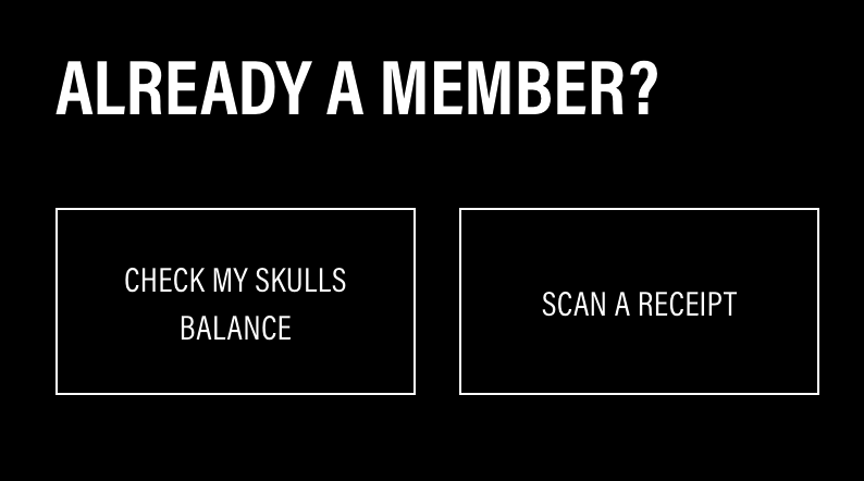 Top 10 Loyalty Programs 2022–A screenshot from Liquid Death’s loyalty program explainer page with a title reading, “Already a Member?”. Then there are two buttons–”Check my Skulls Balance” and “Scan a Receipt”. 