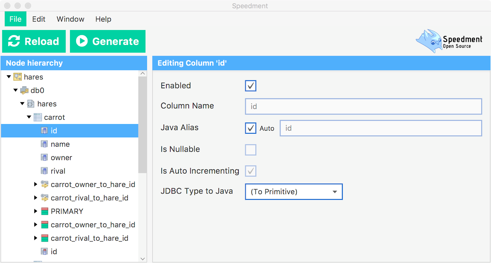 Screenshot of the Speedment User Interface