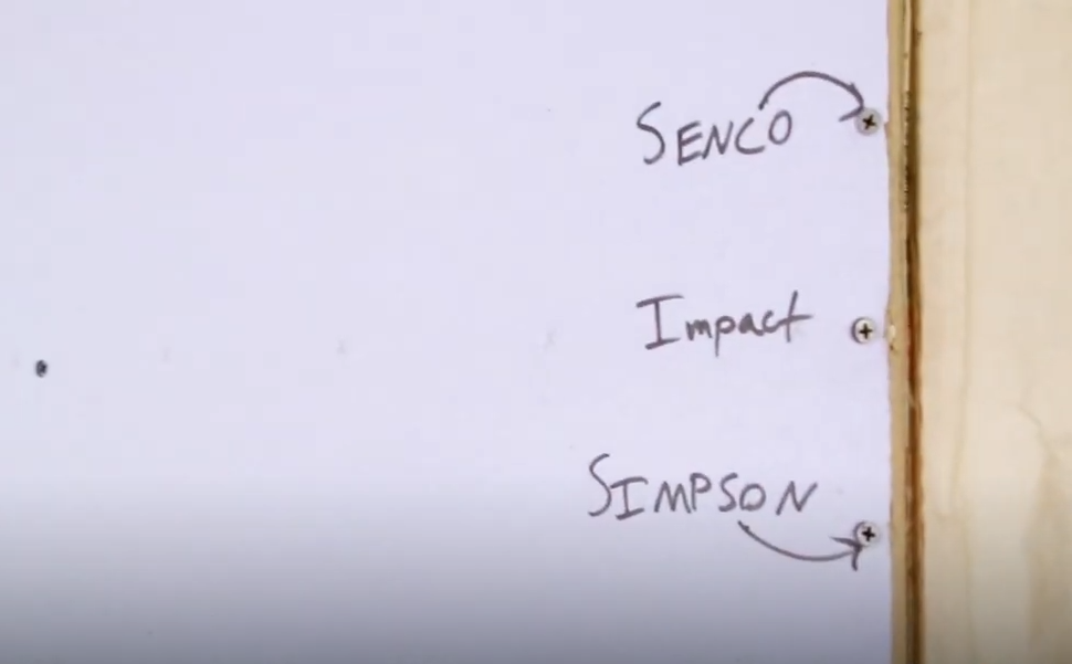 A close up image of 3 different screws labled "Senco", "Impact", and "Simpson". Only the Impact screw has a crack in the drywall.