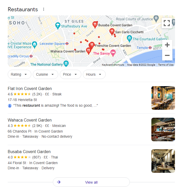 screenshot of google my business listings for restaurants in Covent Garden, London