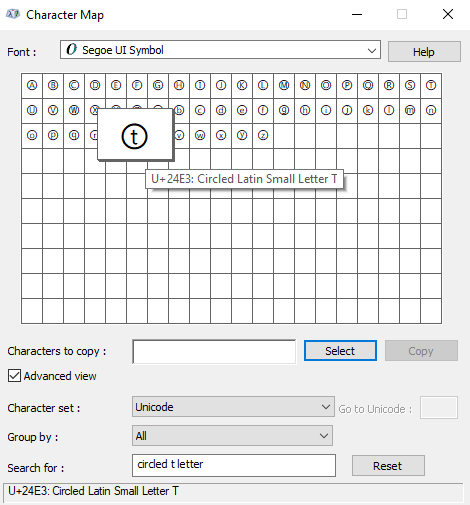 searching for Circled T symbols text in character map view