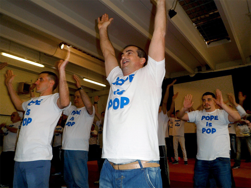 Prisoners at the Ferrara District Prison practice for the “Pope is Pop” flash mob routine in Ferrara in northern Italy. Photo by Tommaso Trombetta