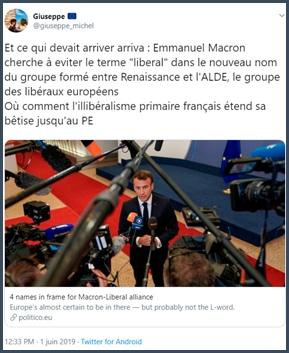 Tweet Giuseppe Emmanuel Macron cherche à éviter le terme libéral dans le nouveau nom du groupe formé par l'alliance entre Renaissance et ALDE