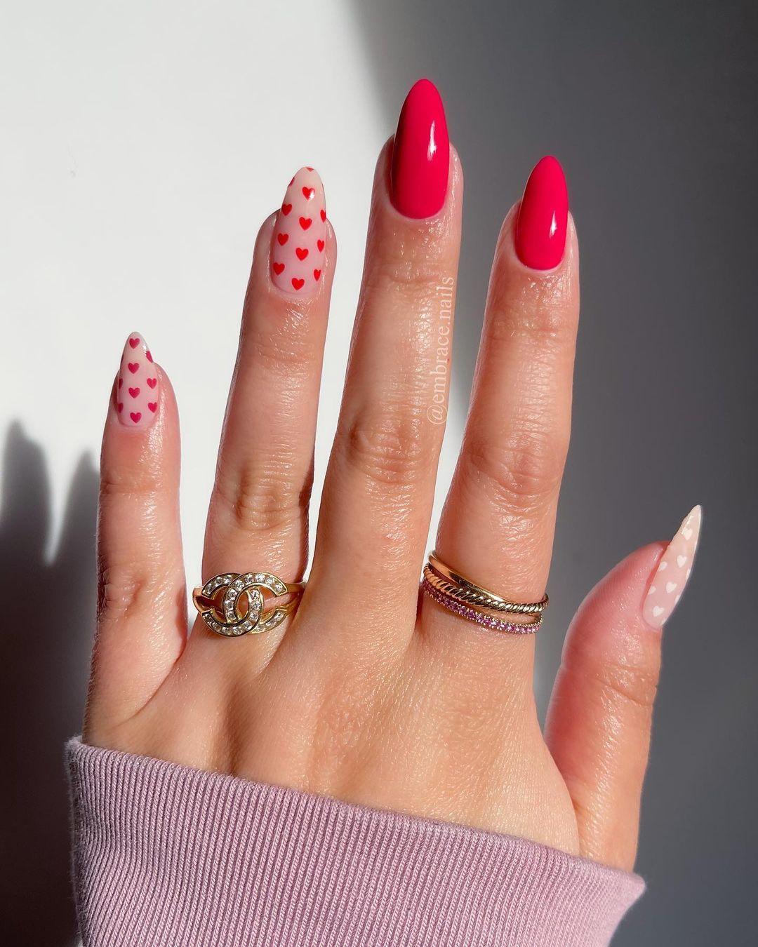 Red and pink Valentine Nail Designs with polka dots