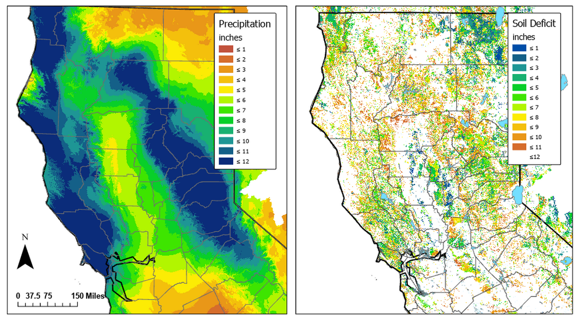 images showing soil moisture and precipitation condition in California.