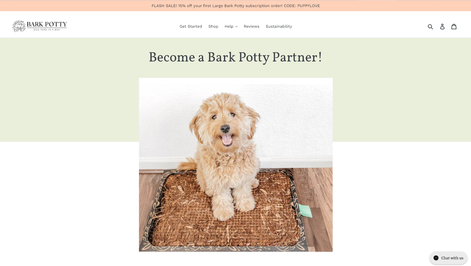 Bark Potty pet affiliate program landing page.
