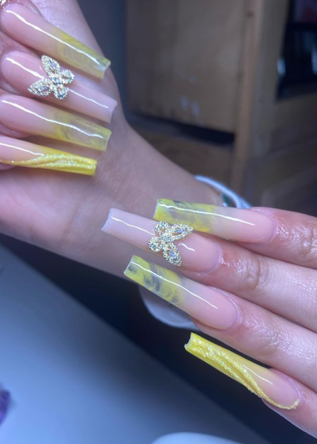 Yellow Butterfly ombre coffin nail designs