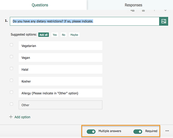 How to make a survey in Microsoft forms: step 5 fill in questions