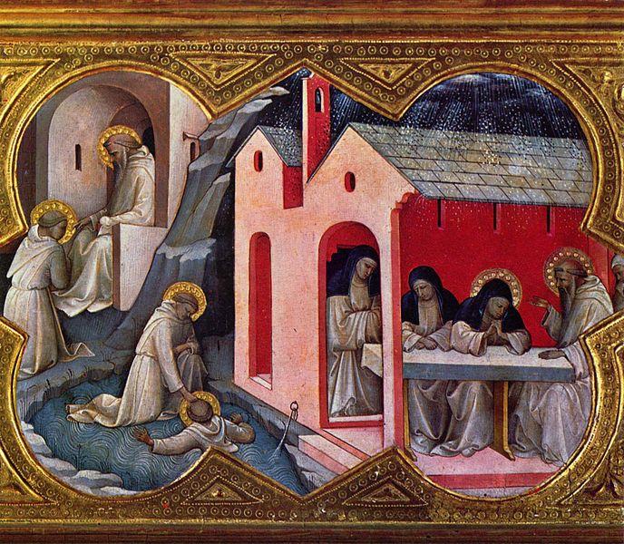 Example of a painting made before the advent of linear perspective in art. There is not much sense of depth and the elements of the painting all appear to be on the same plane. There are various men in white robles on the left side of the images with halows, and some women and a man on the right side in a building.