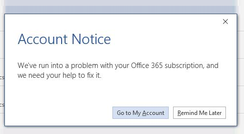 D:\anjali content work\blogs\microsoft blogs\MS Office error - We've run into a problem with Microsoft 365 subscription.png