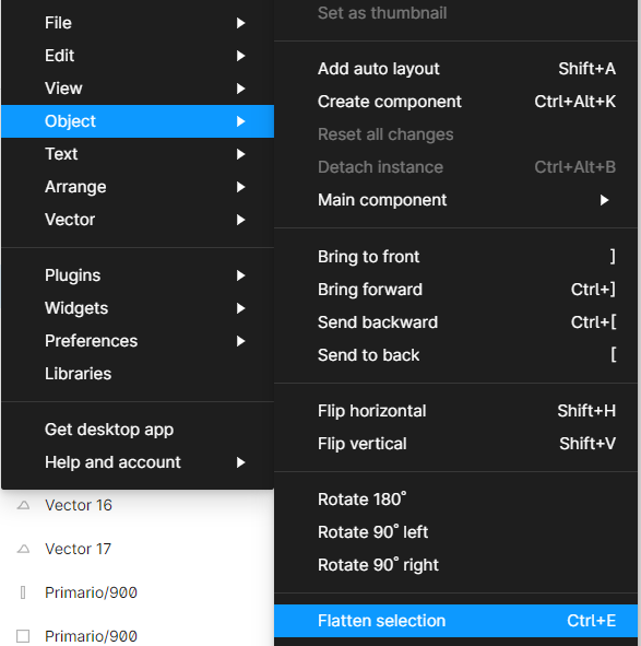 Captura del menú Objeto Flatten Selection en Figma para pulir los SVGs antes de exportarlos