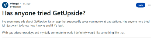 A person on Reddit inquiring about an Upside app review. 