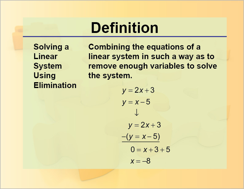 Solving a Linear System Using Elimination.
Combining the equations of a linear system in such a way as to remove enough variables to solve the system.