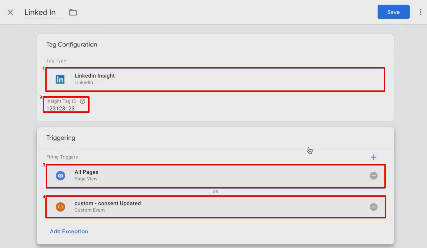 Configuring a new LinkedIn Insight type Tag in GTM