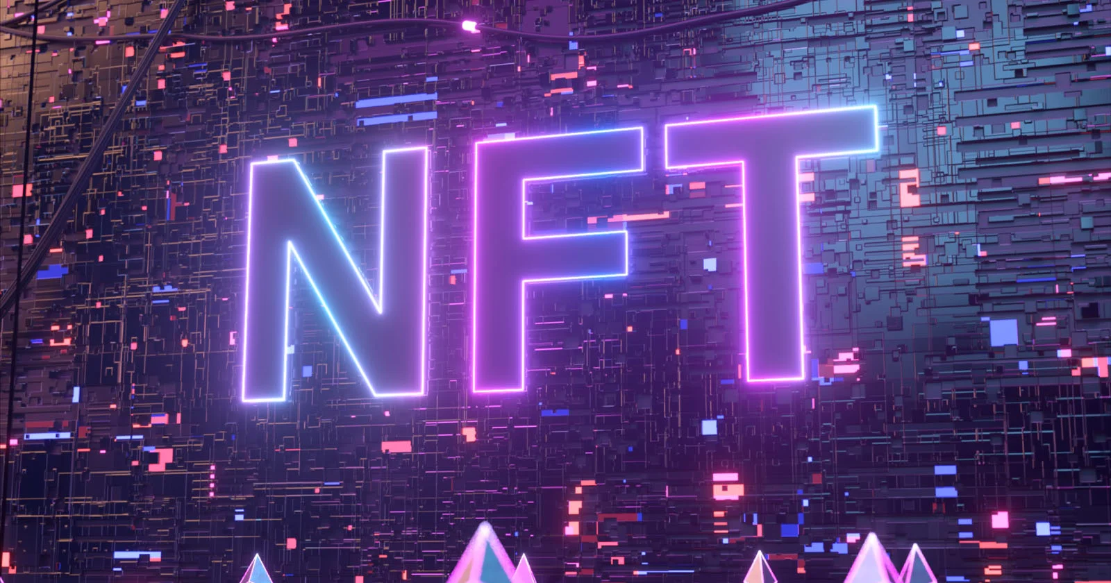 "NFT" written on a computer's motherboard in neon colors.