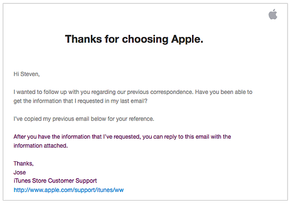 Follow-up email example from Apple