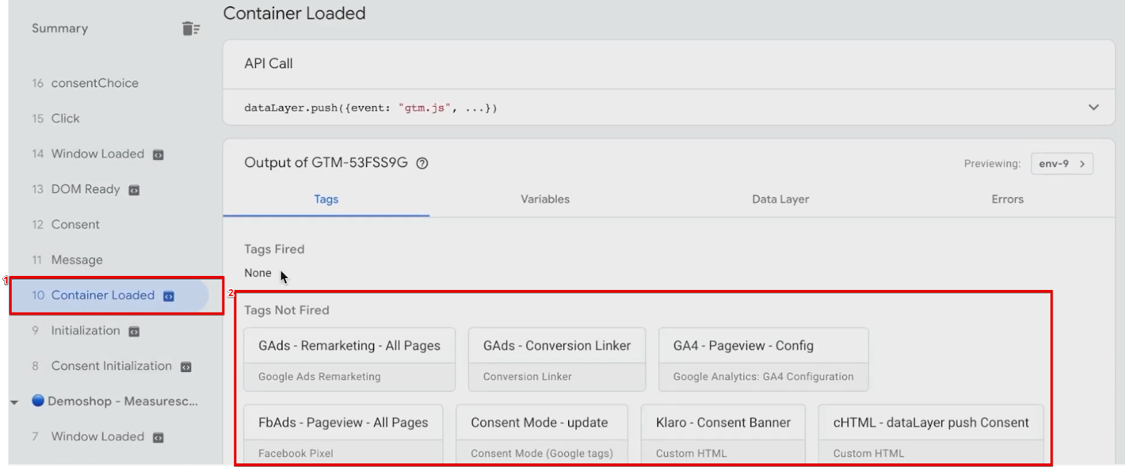 Analyzing the fired Tags from the container loaded section of the GTM preview window