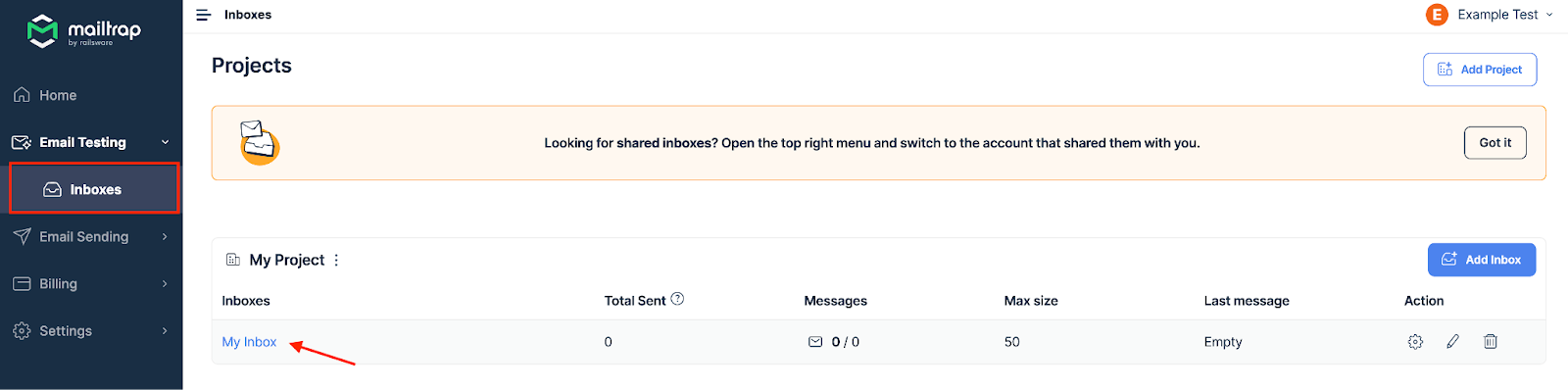 Mailtrap Email Testing Inboxes menu