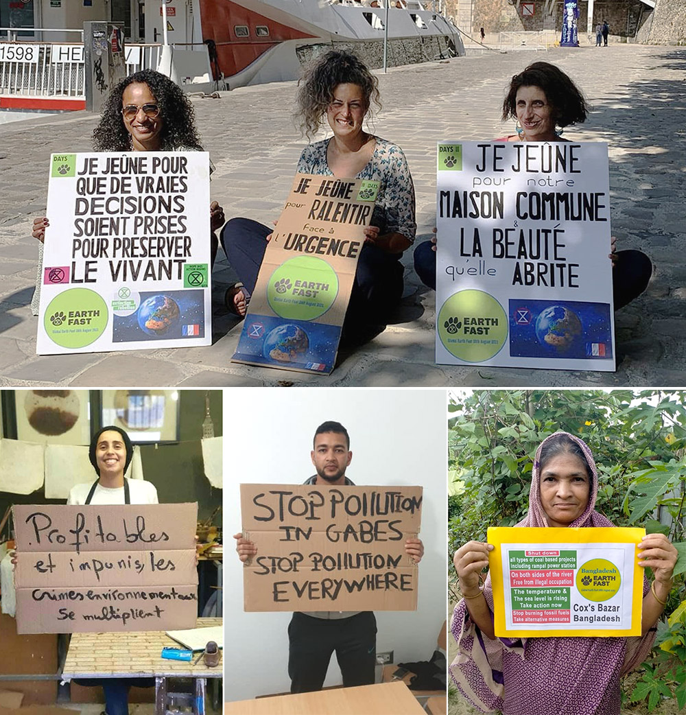 A montage of earth fasters holding signs - 3 in france, 2 in Tunisia, 1 in Bangladesh