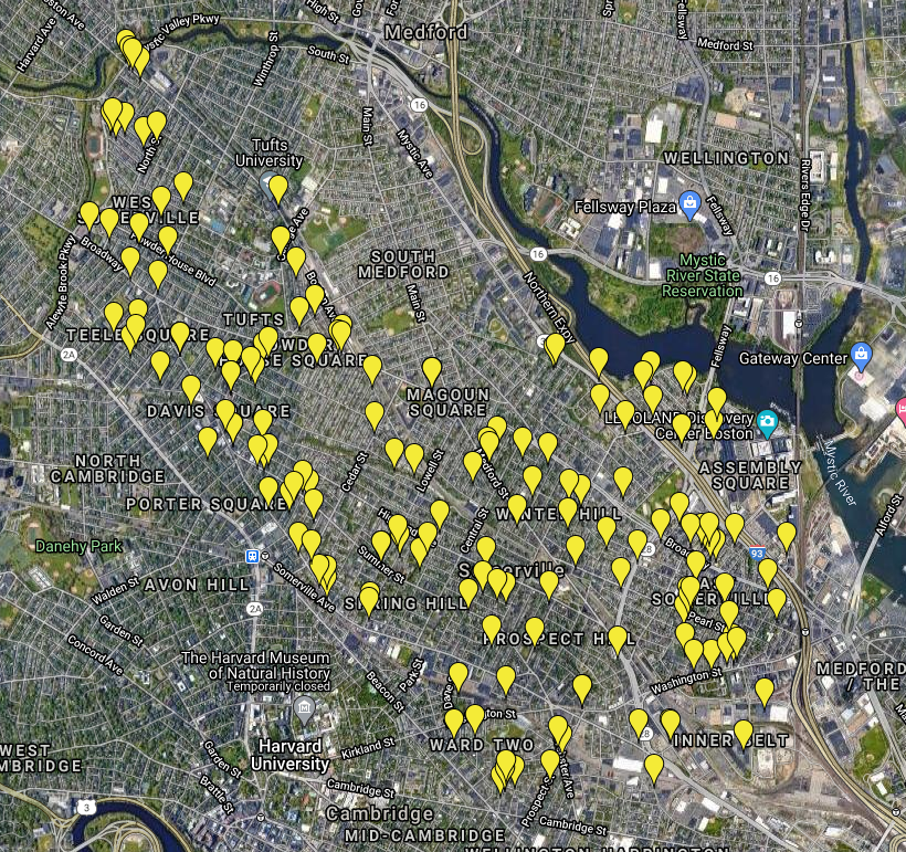 A 2019 map of 168 identified and unrepaired gas leaks in Somerville. (Source: HEET)