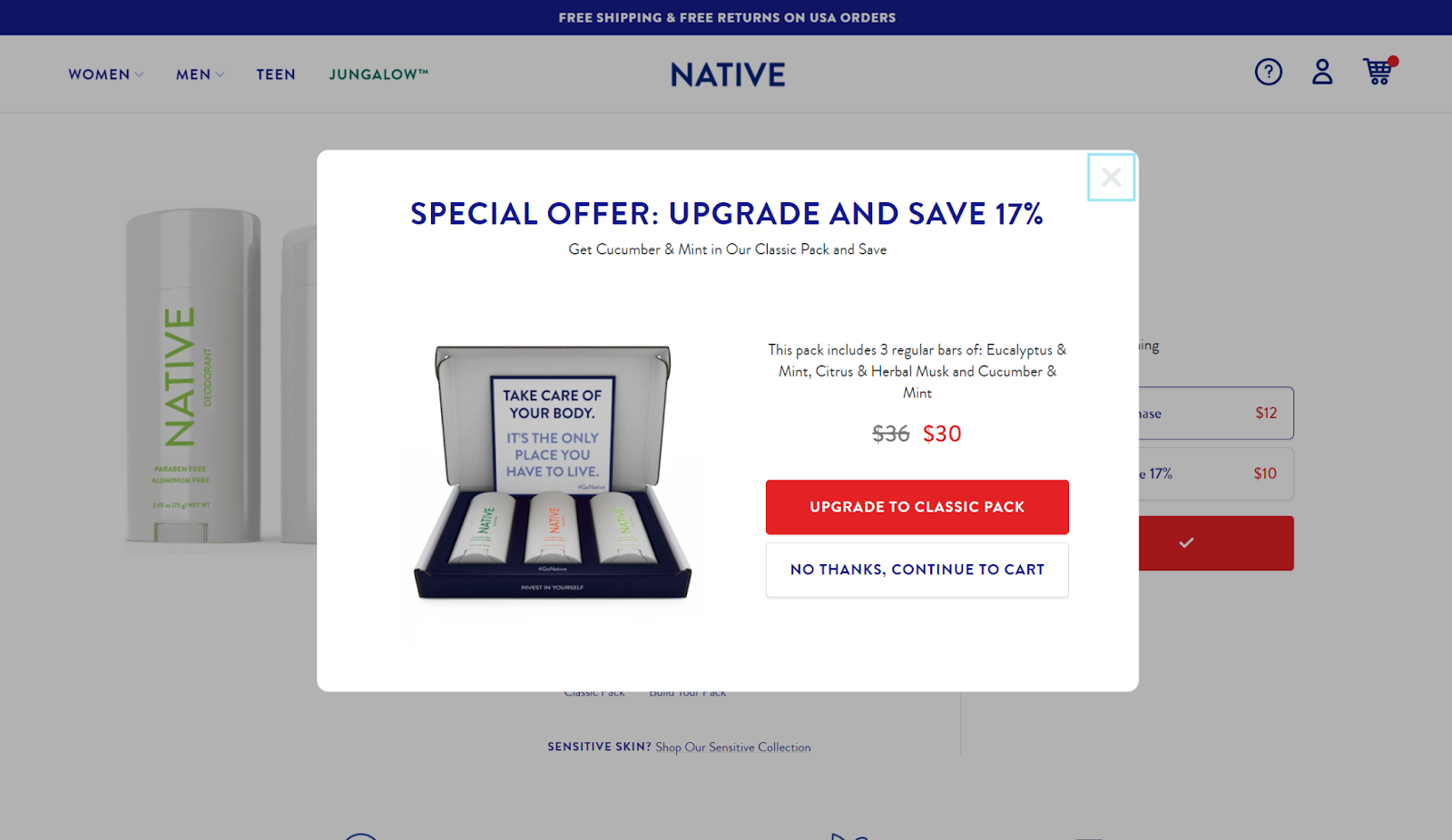 pre-cart pop-up from Native