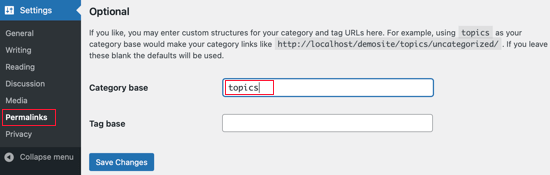 WordPress também permite que você altere o prefixo de categoria em URLs de categoria
