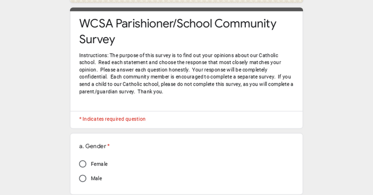 WCSA Parishioner/School Community Survey