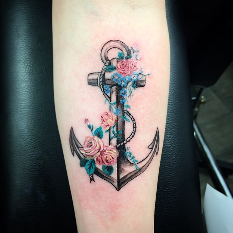 Flowers And Anchor Tattoo For Women