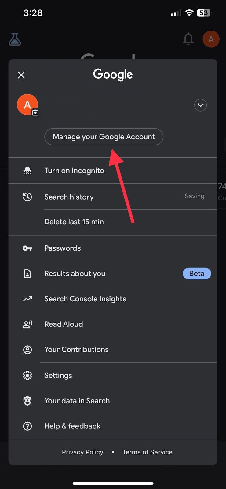 'Manage your Google Account' menu option on Google app 