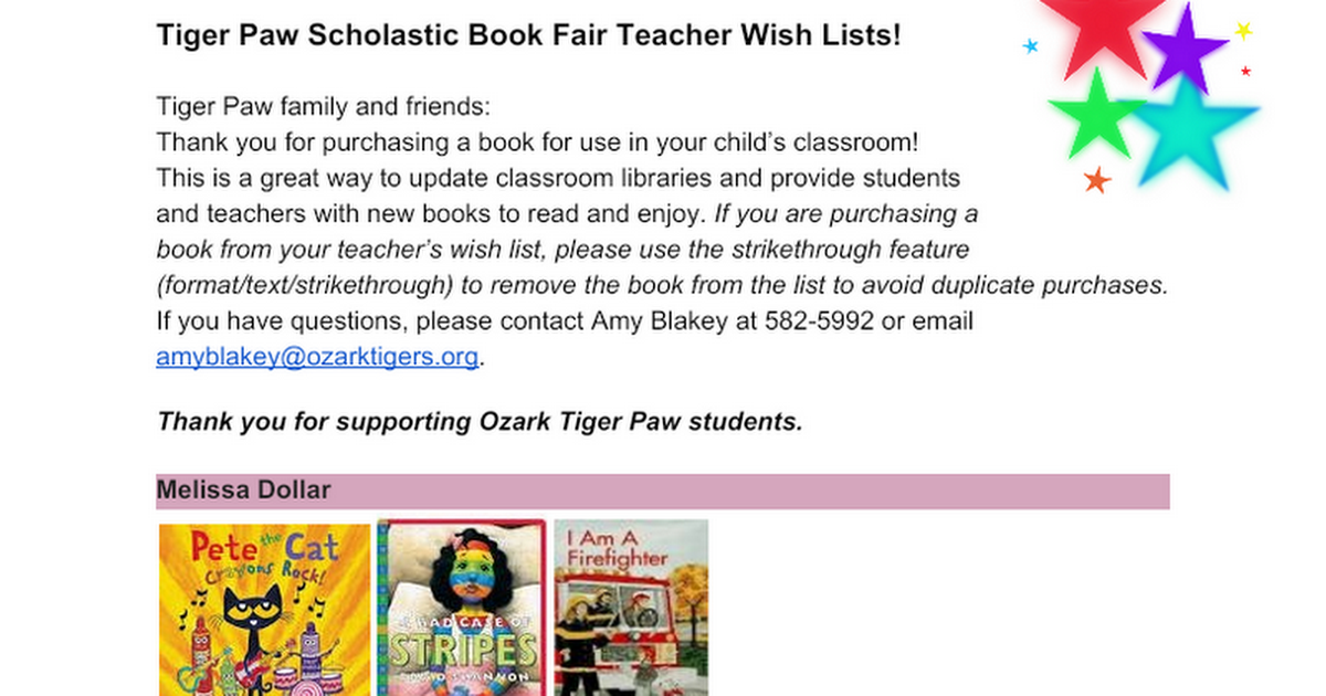 TP Book Fair Teacher Wish Lists