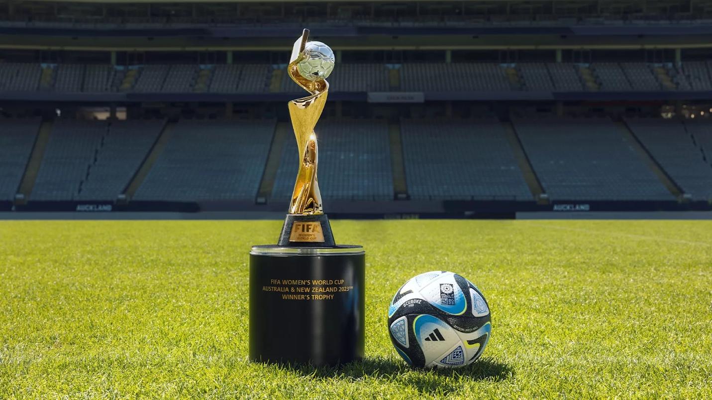 A trophy and a football ball on a field

Description automatically generated with low confidence