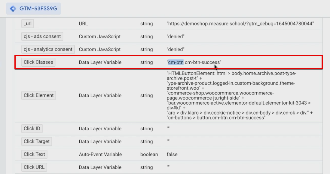 Analyzing the click classes variable from the GTM preview window 