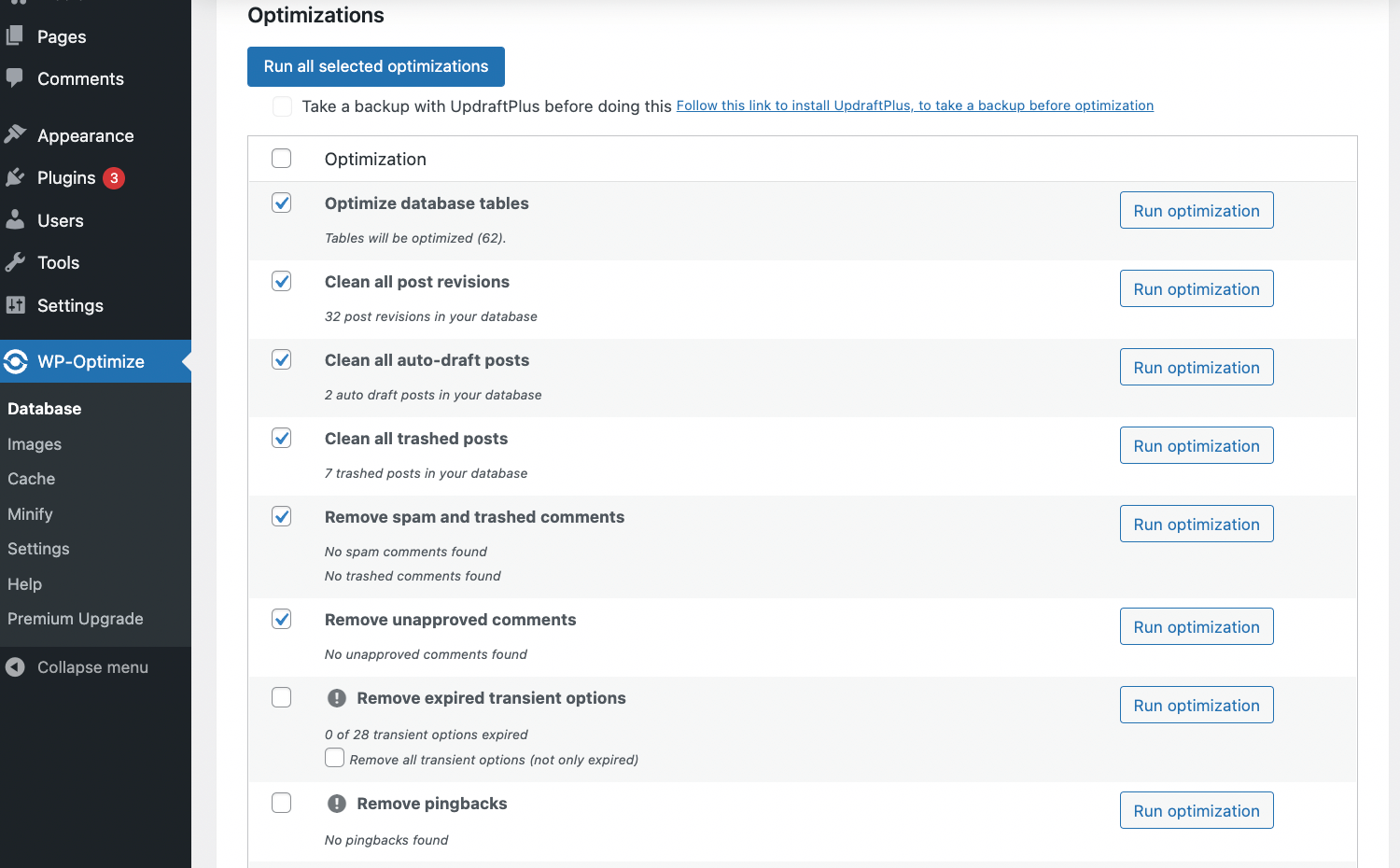 Opções de configurações do plugin WP-Optimize no painel de administração do WordPress