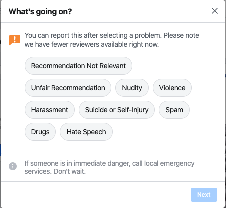 Screenshot of Facebook's report a review function, with "What's going on?" at the top