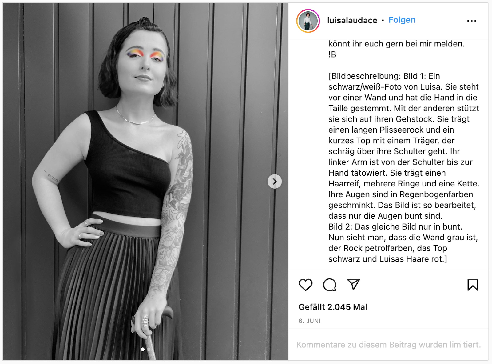 Screenshot von einem Instagram-Post von Luisa L'Audace, auf dem neben einem Bild von Luisa die Caption zu sehen ist, in der Luisa den Inhalt des Fotos ausführlich beschreibt.
